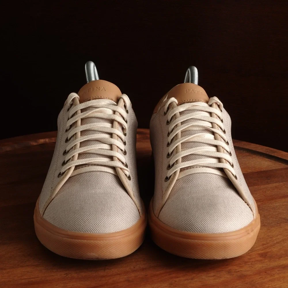 Patina Sneakers Mens SZ 8.5 Beige Portland Leather Canvas Lifestyle Modern Shoes